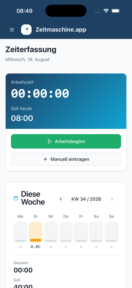 Zeitmaschine Stempeluhr auf dem iPhone: Arbeitszeit, Soll-Stunden und Wochenübersicht